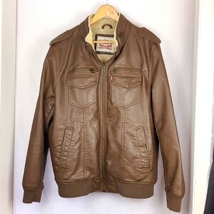 LEVI'S Men's Brown Faux Leather Sherling Lined Aviator Bomber Jacket